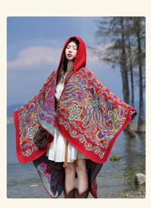 Women's autumn winter hooded knitted cape shawl with ethnic paisley print warm cloak
