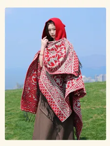 Ethnic style red hooded knitted shawl cloak, autumn winter warm vintage tassel cape for women.