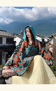 Bohemian ethnic geometric hooded cashmere-feel shawl, stylish travel winter warm cape.