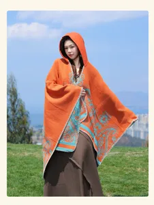 Ethnic style hooded cape for women and men, thickened warm outdoor shawl with embroidery.
