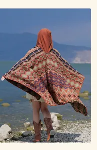 Bohemian faux cashmere hooded poncho shawl tribal geometric winter warm cozy cape outerwear