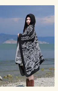 Women winter hooded knitted cape shawl vintage black white paisley cozy warm outerwear