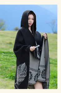 Ethnic style women hooded winter warm cape cloak shawl with feather and geometric patterns.