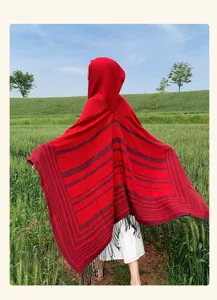 Otoño invierno mujer capucha poncho chal cachemira étnico rayas capa vista de detalle