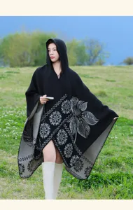 Women winter warm hooded cloak ethnic style black floral long cashmere feel poncho shawl