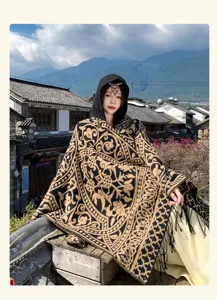 Ethnic style hooded cashmere-feel poncho cape, vintage pattern winter warm women shawl detail