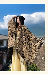 Ethnic style black gold hooded shawl cape with tassels, warm imitation cashmere wrap for women.