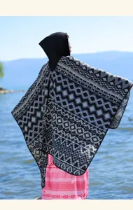 Boho style hooded cashmere-feel shawl detail showing ethnic geometric pattern design.