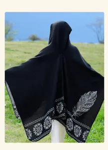 Ethnic style black hooded poncho cape imitation cashmere warm winter shawl for women travel wear