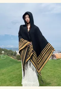 Capucha mujer poncho punto capa otoño invierno térmica borlas flecos chal étnico abrigo.