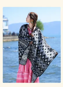 Bohemian geometric pattern imitation cashmere poncho shawl with hood for women travel wear