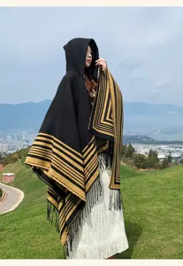 Mujer otoño invierno capa con capucha poncho flecos borlas moda cálida rayas geométricas chal