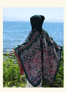 Winter hooded cape for women, stylish bohemian knit shawl with paisley pattern, warm outerwear.
