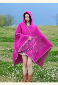 Fuchsia hooded poncho shawl for women, ethnic floral knit cape with warm cashmere feel.