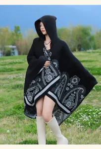 Ethnic style black hooded cloak for men, warm knitted poncho for travel and daily wear.