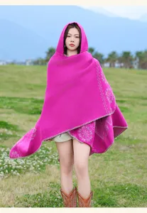 Ethnic style hooded cashmere-feel poncho shawl, warm long winter scarf for women travel.