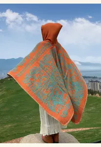 Women autumn winter hooded cape shawl with vintage pattern chic warm outerwear versatile fashion