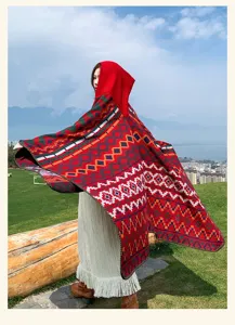Bohemian hooded split shawl ethnic geometric tassel cape winter warm outdoor travel wrap