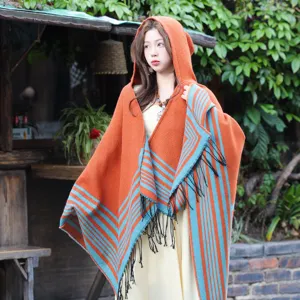 Mujer otoño invierno poncho con capucha chal étnico de rayas con flecos capa moda abrigo