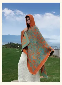 Women hooded cape shawl autumn winter warm fashion ethnic print poncho outerwear elegant style