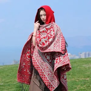 Women red hooded knitted cape ethnic style shawl retro tassel warm winter fashion apparel