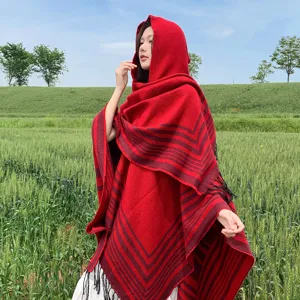 Mujer rojo poncho con capucha tacto cachemir étnico chal invierno viaje capa moda abrigo