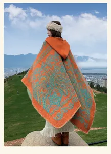 Women Knitted Hooded Cape Shawl Retro Paisley Pattern Warm Winter Poncho Fashion Outerwear