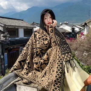 Ethnic style black and gold hooded cloak shawl, elegant open-front cape for women autumn winter warm