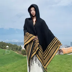 Mujer otoño invierno capucha cachemira estilo poncho flecos étnico chal para viaje moda