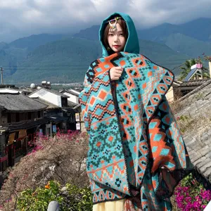 Women Bohemian Geometric Jacquard Hooded Cape Shawl Acrylic Winter Warm Open Front Split Poncho Scarf