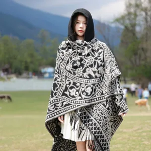 Ethnic style black and white hooded shawl cape, warm autumn winter imitation cashmere wrap for women.