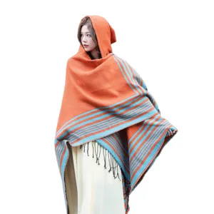 Mujer otoño invierno capa con capucha imitacion cachemira estilo etnico chal rayas abrigo