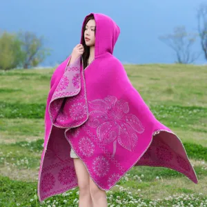 Women's cashmere-feel hooded cape, ethnic floral print long warm winter shawl for outdoor travel.