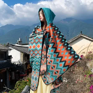 Ethnic geometric hooded poncho shawl for women casual travel bohemian winter warm wrap