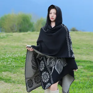Ethnic style hooded cashmere imitation shawl cape, long warm winter cloak for women travel.