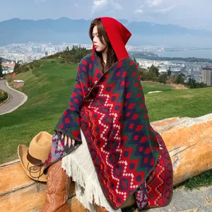 Women Boho Hooded Geometric Pattern Poncho Cashmere Feel Winter Shawl Wrap Cape Coat