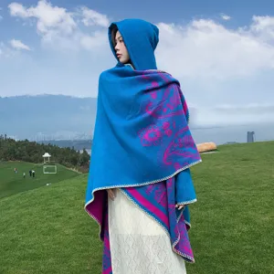 Men's ethnic style hooded shawl cape, blue thick warm winter cloak for outdoor travel.