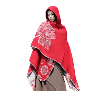 Women's Red Hooded Cashmere-Feel Cloak Ethnic Floral Knit Shawl Winter Warm Cape Scarf