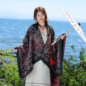 Women's autumn winter bohemian paisley pattern cape shawl stylish warm tassel fringe poncho coat