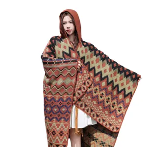 Bohemian hooded geometric pattern faux cashmere shawl for travel and daily fashion wear.