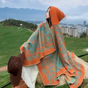 Women winter warm hooded cape vintage printed shawl stylish casual outerwear fashion cloak