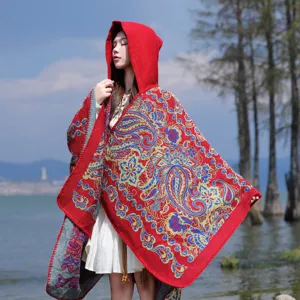 Women red hooded cape shawl autumn winter warm paisley pattern bohemian blanket poncho coat.