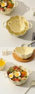 Cream ceramic double-eared bowl set, cute flower shape soup bowl with spoon for home use.