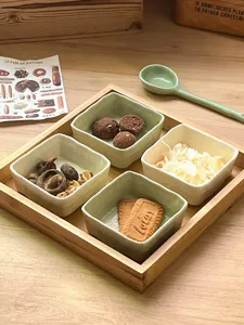 Ceramic snack bowl set with wooden tray, ideal for soy sauce, dip, and kitchen tableware.