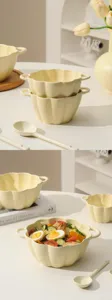 Cream ceramic double-ear bowl soup bowl cute ins style tableware with spoon for home use