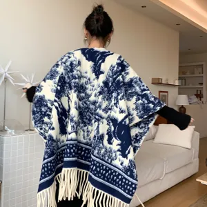 Elegant blue and white landscape print knitted poncho cape with fringe for women autumn chic