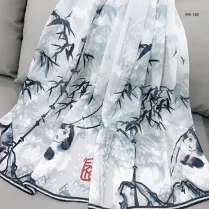 Chinese style ink bamboo panda print silk skinny scarf elegant vintage ribbon wrap