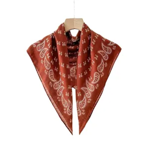 Retro paisley print cotton-feel brown small square scarf, perfect neckerchief and headband.