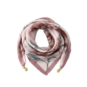 Elegant women pink floral square scarf lightweight neckerchief with gold charms chic accessory