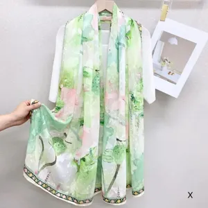 Green and pink watercolor lotus silk scarf, lightweight vintage ribbon scarf for summer daily wear.
